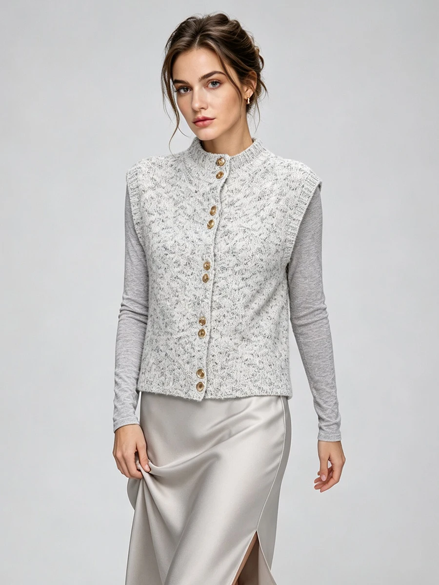 LIMO Women Vest Stand Collar Single Breasted Button Sleeveless Cropped Soft Layer Casual Waistcoat Top