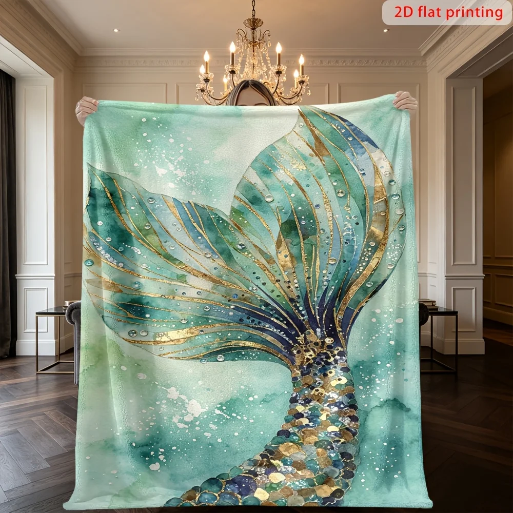 Luxurious Mermaid Tail Throw Blanket Gold Print Ocean Aquatic Fleece Decor Couch Sofa Coastal Beach Gift Ideas for Home