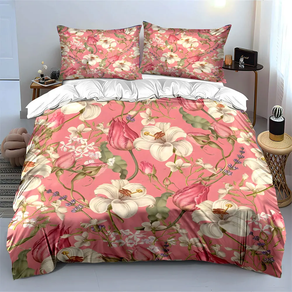 Blooming Flowers on Pink Background Duvet Cover Set with 3D Printing Design Soft Polyester Bedding Set All-Season Comfort