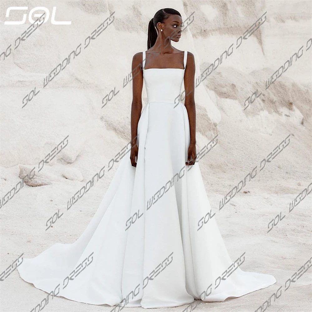 SOL Simple Spaghetti Straps colletto quadrato spacco laterale abito da sposa Backless Satin abiti da sposa lunghi fino al pavimento Sexy su misura