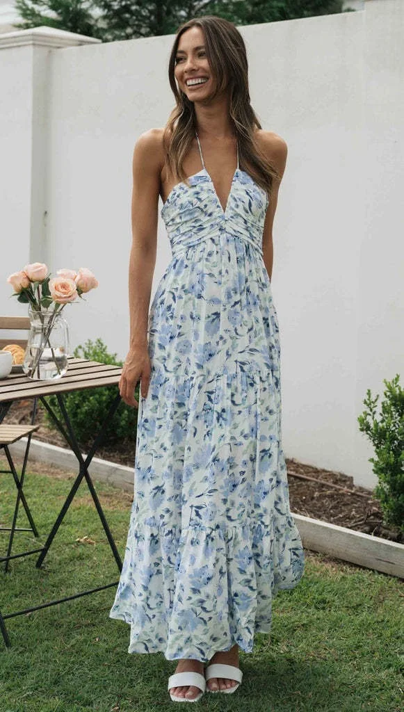 

Casual Sleeveless Printed Chest-wrapped Backless Halter Neck Long Dress Women 2025 Summer Bohemian Loose Long Skirt