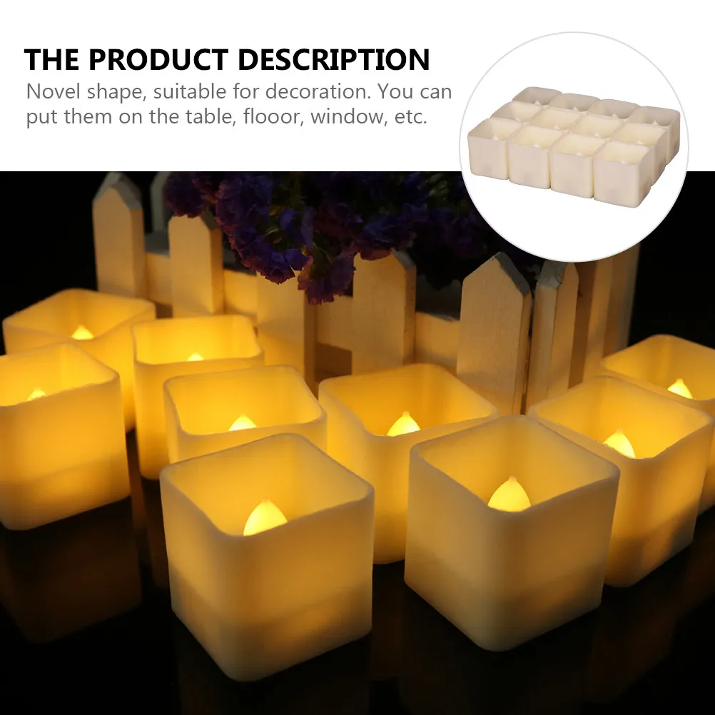 12Pcs Electronic LED Flameless Lamps Smokeless Square Scene Layout Candles Safe Long-Lasting LED Tea Light