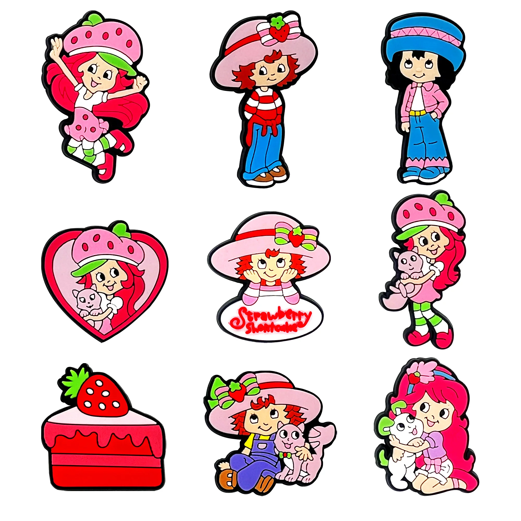 27pcs Cartoon Strawberry Girl Shoe Charms PVC DIY Shoe accessories Decoration Buckle Fit Bands Bracelets Clog Sandal Garden