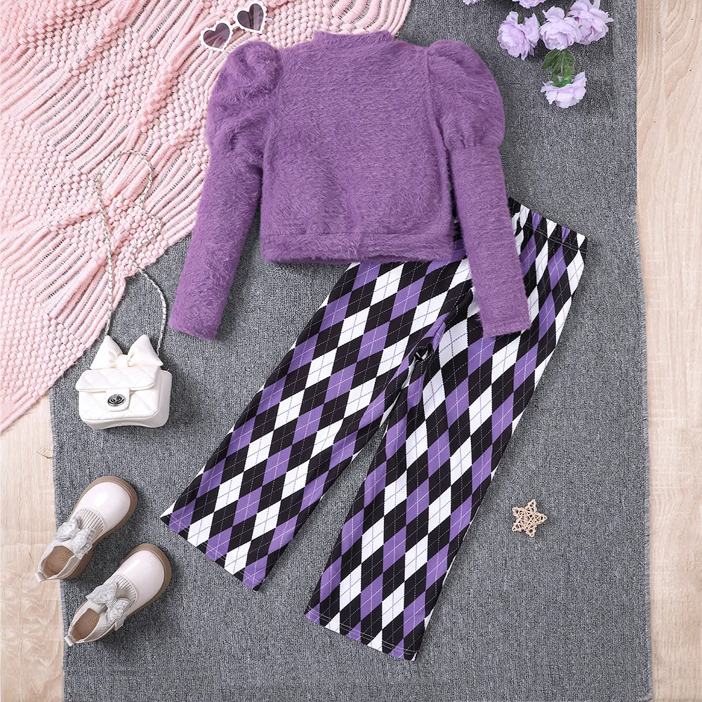 2024 Clothing Set Girls Long Sleeve O Neck Purple Coat Plaid Purple Pants 2 Pcs Sets Casual Girls Clothes Set 8-12T