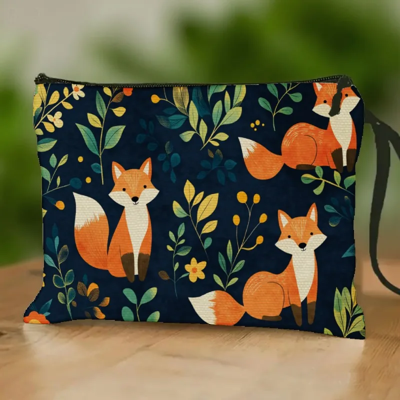 Fox Print Zippered Bag with Wrist Strap - Lightweight Suitable for Travel & Daily Use, Navy Blue Fox Pattern Makeup Pouch & Toil
