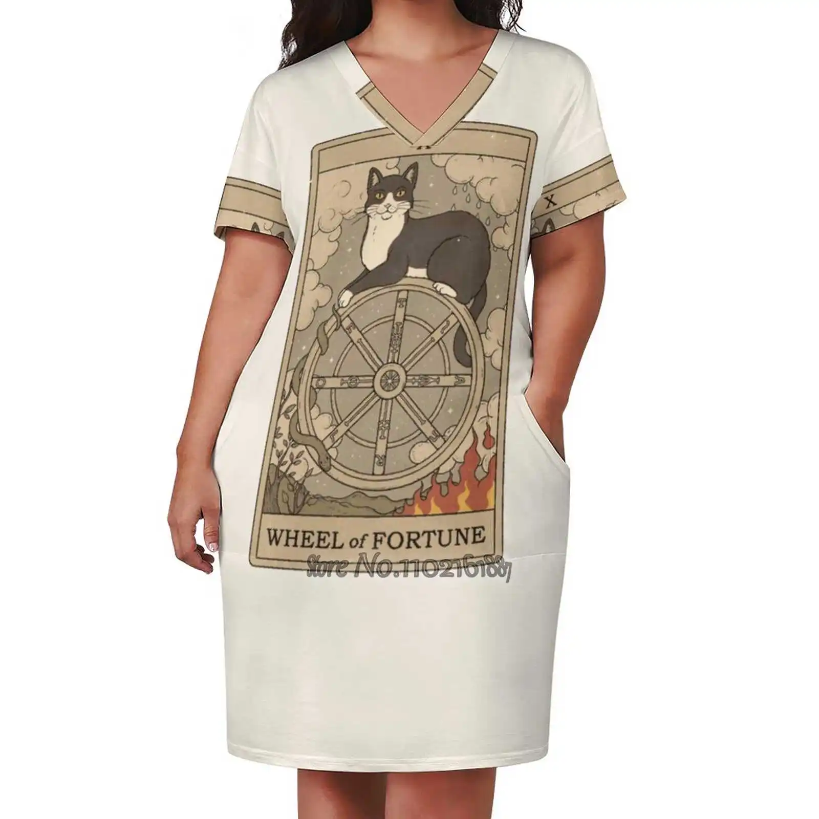 Wheel Of Fortune Fashion Street Dress Loose V-Neck Short Sleeve Skirt Casual Party Skirt 5Xl Cat Cats Pet Kitten Kitty Tarot