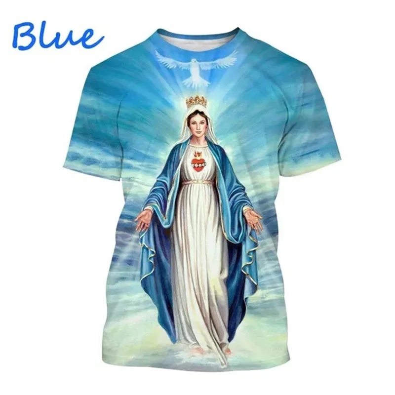 Virgin Mary T Shirt Goddess of Mercy 3D Print T-Shirt Christian Blessed Jesus God Tee Shirts Womens Clothing Unisex Short Sleeve