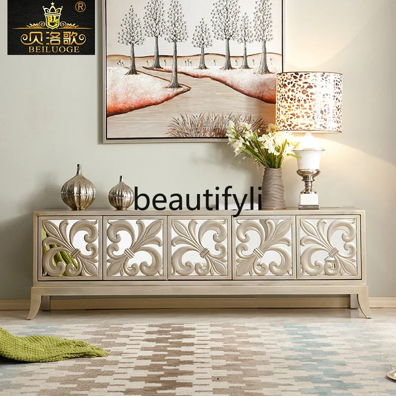 

A26 A26 Neoclassical glass TV cabinet engraved American champagne silver old low cabinet