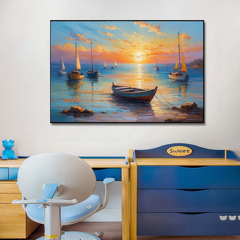 Oil Painting Of boats And Sea On Canvas Sunset Over Ocean Modern Impressionism,Print Poster Wall Art Picture Room Decor Unframed
