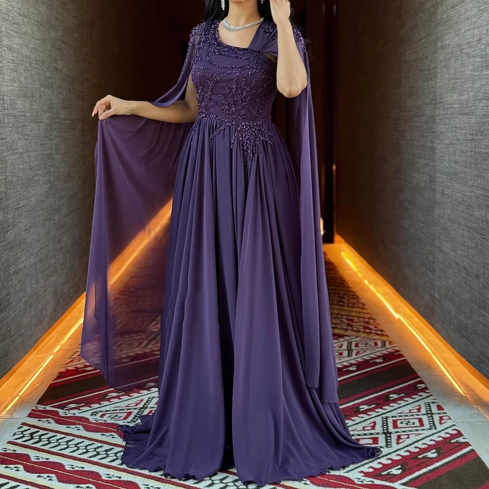 

Customized A-line Evening Dresses Floor-length V-neck Sleeveless Prom Gown Fashion Beading Stole Simple Draped Party Gown