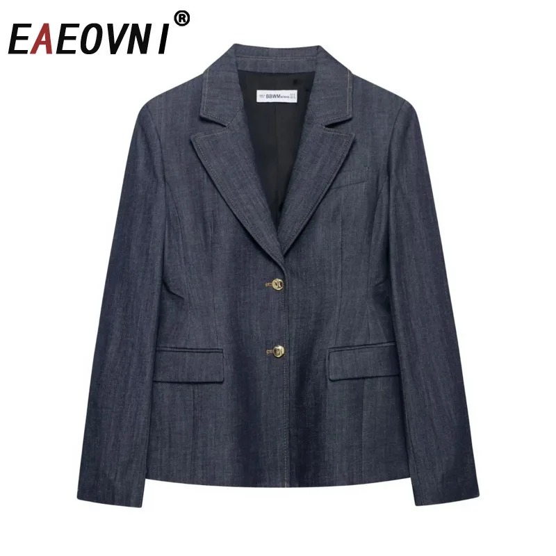 

EAEOVNI Vintage Denim Blue Blazer Coat Women V Neck Pockets Button Gathered Waist Outerwear Jacket Streetwear 2025 New Clothing