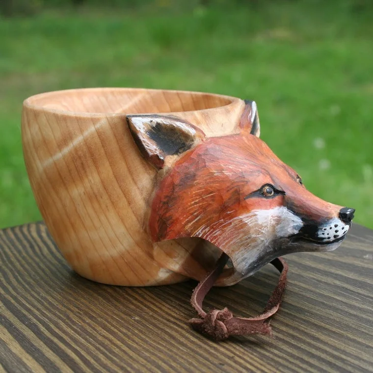

Animal Hand Carved Solid Wood Mug Tea Coffee Milk Water Cup Rubber Wood Kuksa Wooden Mug Household Drinkware Kitchen Supplies