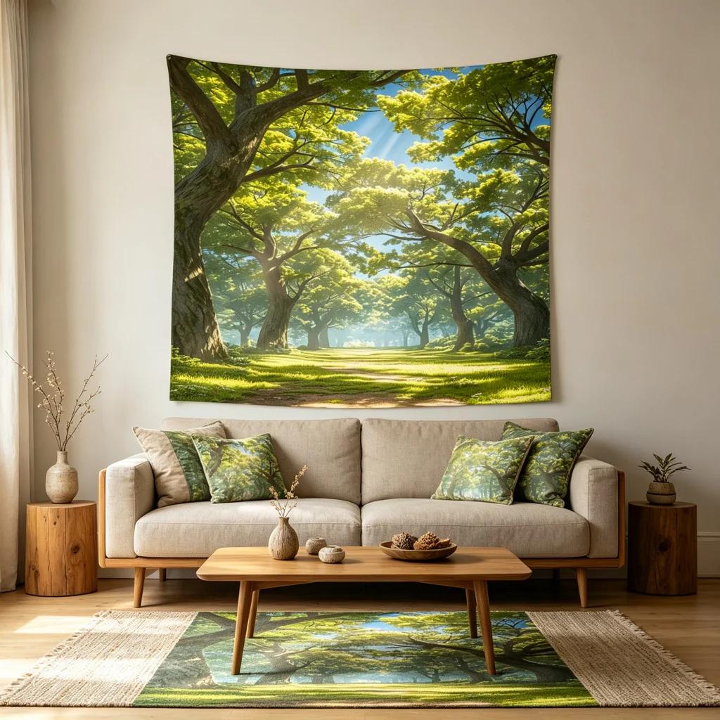 1PC Green Forest Tree Art Print Backdrop Banner, Bedroom Living Room Photo Background, Polyester, Home Decor, Wall Art