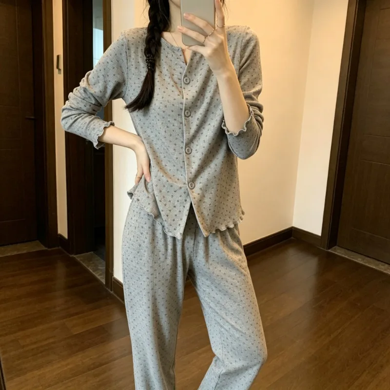 Strawberry Print Women Pajamas Set 2-Piece Outfit Cute Tiny Notched Round Neck Autumn Soft Sleepwear Home Loungewear For Ladies
