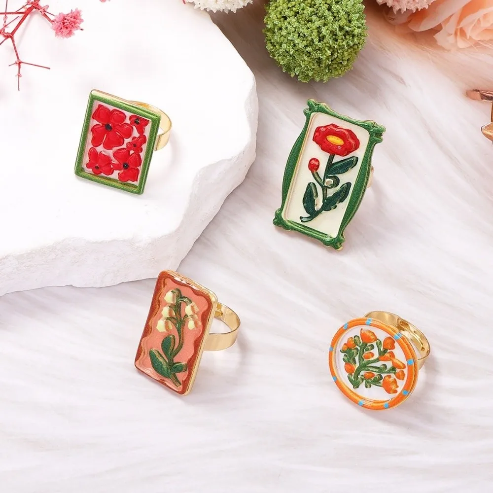 Pomegranate Printing Colorful Enamel Flower Ring Photo Frame Irregular Rotundity Ethnic Style Ring Adjustable Size Enamel Drip