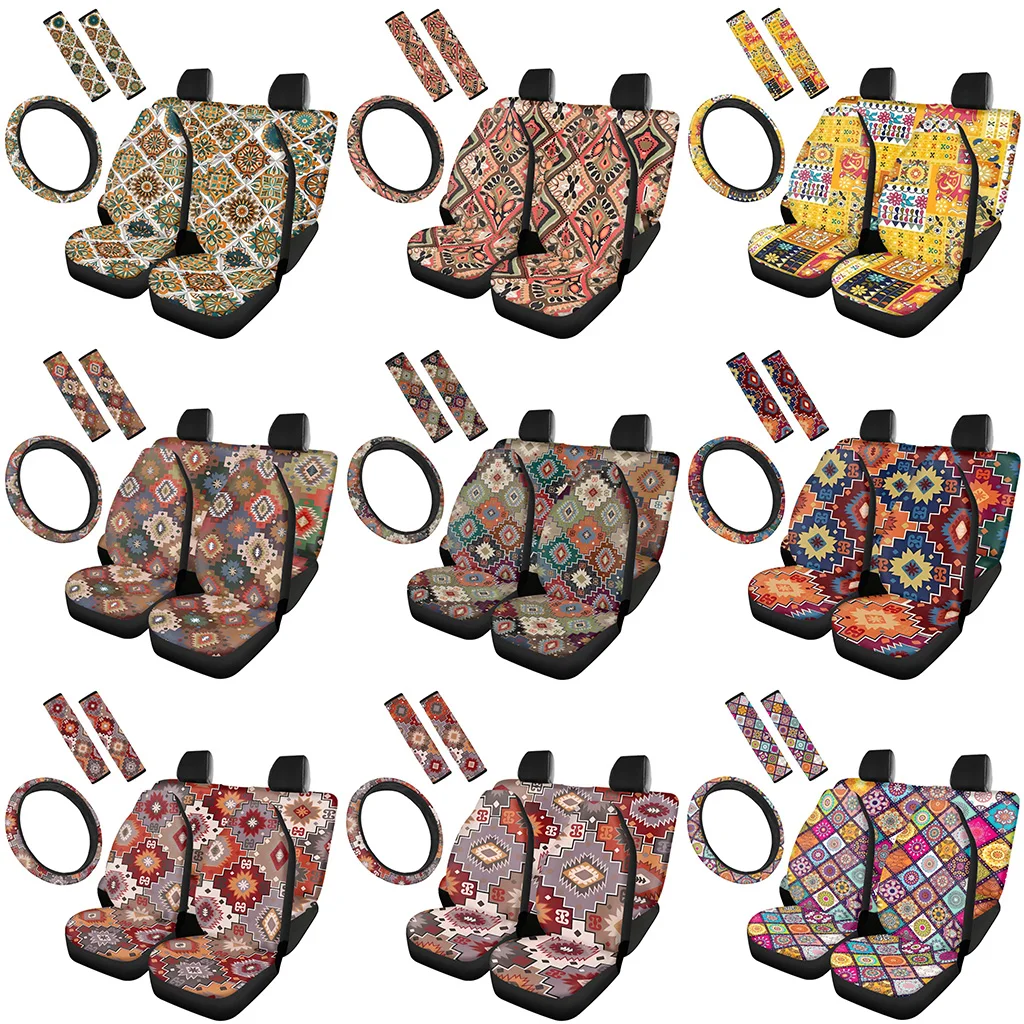 

7 Pcs Front/Back Auto Seat Covers Tribal Pattern Car Steering Wheel Cover for Women Men Set Easy to Install Seat Belt Fit SUV