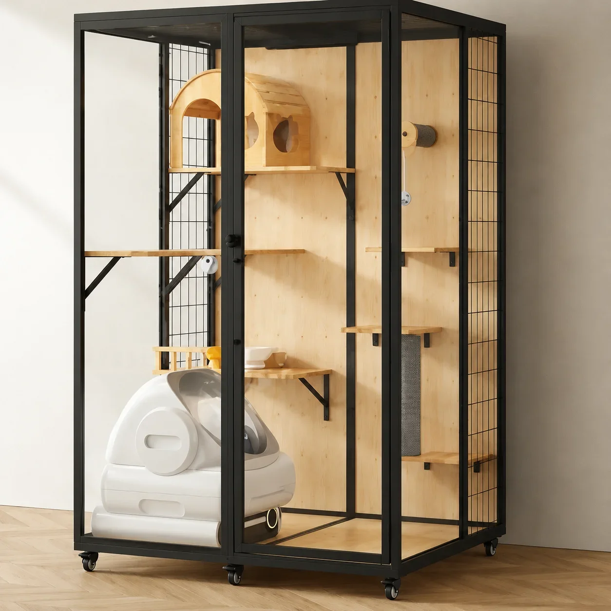 a forFactory Direct Pet Supplies Black Metal Frame Full Wire Mesh Enclosed Large Cat Villa for Global Pet Wholesalers