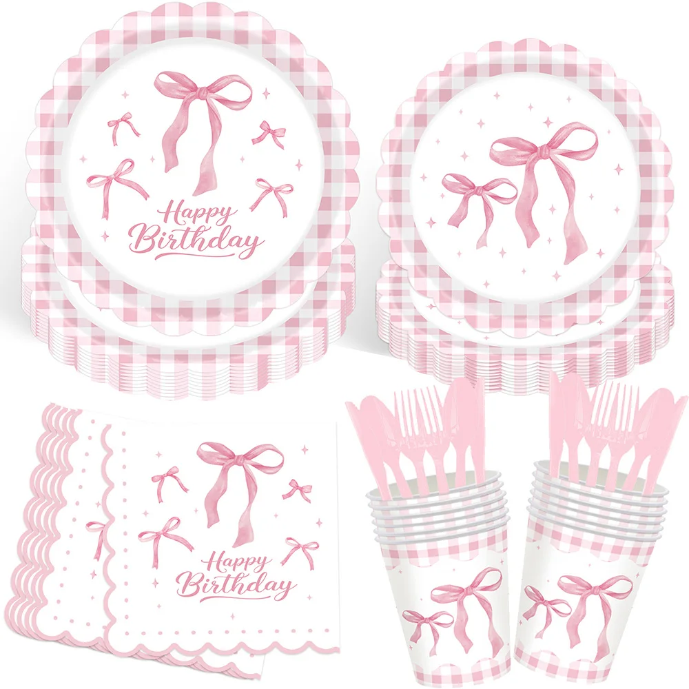 Pink Bow Party Tableware Grid Pattern Plates Cups Napkins for Girl Baby Shower Conquette Pink Bow Birthday Party DIY Decorations