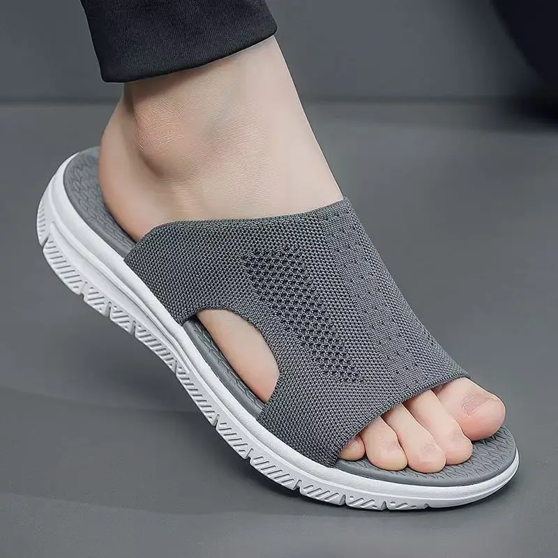 

Мужские летние тапочки большого размера с воздушной сеткой и одним словом, нескользящие домашние тапочки на толстой подошве, уличные легкие повседневные тапочки на плоской подошве, сандалии