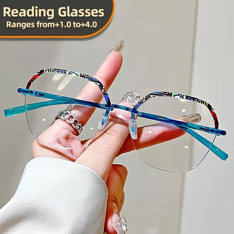 Elegant Floral Pattern Fashion Rimless Geometric Reading Glasses, Unisex Vintage Eyewear, Anti-Radiation Computer Glasses