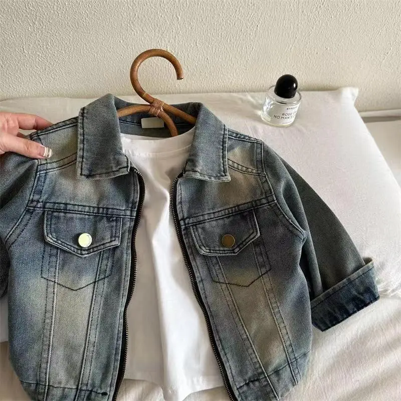 Kids Boys Jacket 2024 Spring and Autumn New Children's Water Wash Casual Jeans Coat with Western Zipper Coa 2-7Y