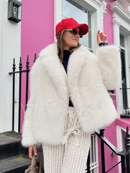 HH Women Fashion Solid Faux Fur Effect Long Sleeve Cardigan Coat Winter Female Elegant Casual High Street Pockets Overcoat