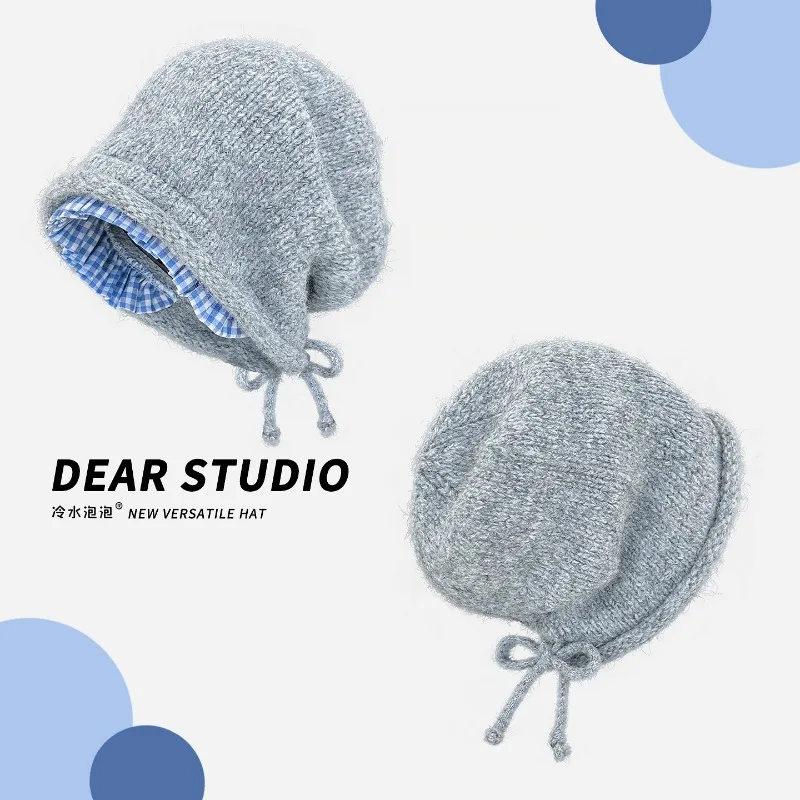 

Korean Fashion Plaid Lace Drawstring Knitted Beanies for Women Autumn and Winter Travel Warm Versatile Casual Pullover Hats