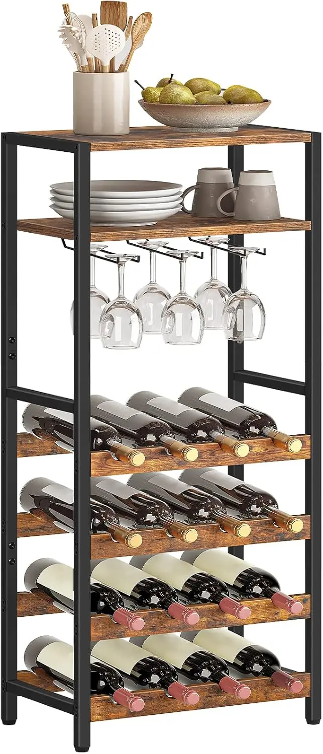 Estante para 16 Botellas de Vino, Estante para Vino Independiente con Tabla de Madera y Soporte para Copas, Exhibidor de Vino de 5 Niveles