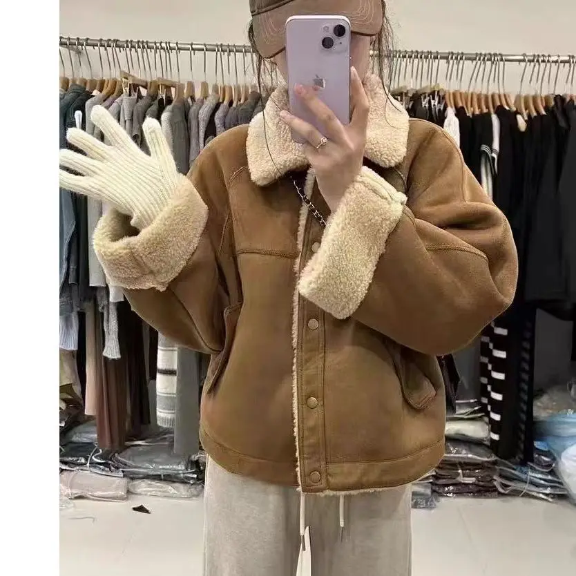 

Женская осенне-зимняя утепленная свободная куртка из овечьего меха с хлопковым наполнителем, теплая верхняя одежда с интегрированным мехом и хлопком