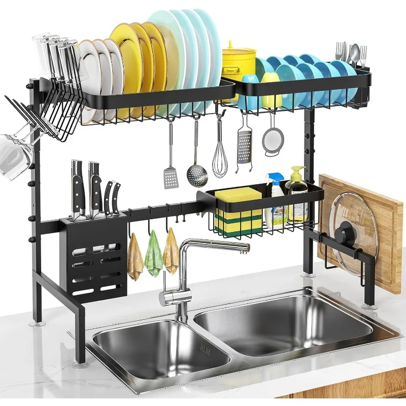 

Over The Sink Dish Drying Rack Adjustable Length (25-33in),2 Tier Dish Rack Over Sink Multiple Baskets Utensil Holder Cup Holder
