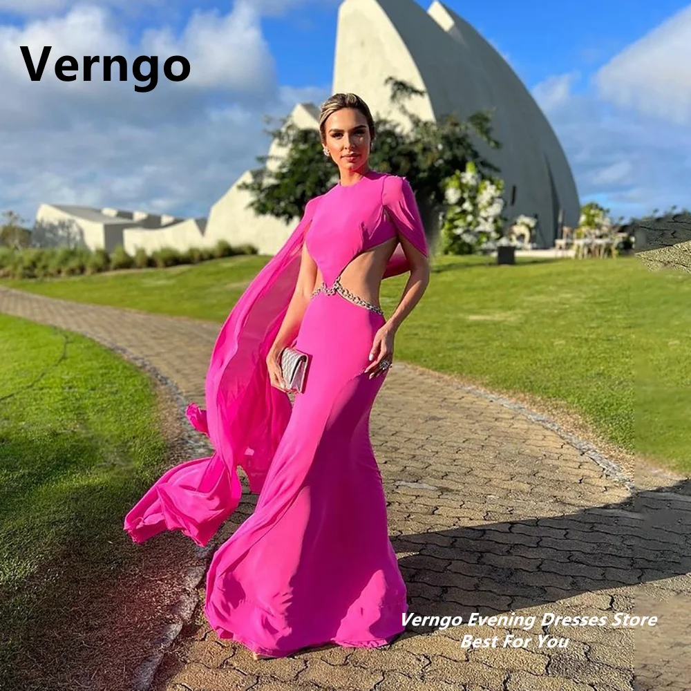 Verngo Pink Cut Out O Neck Short Sleeves Chiffon Crystal Dress For Prom Sexy Zipper Long Eveing Party Dresses