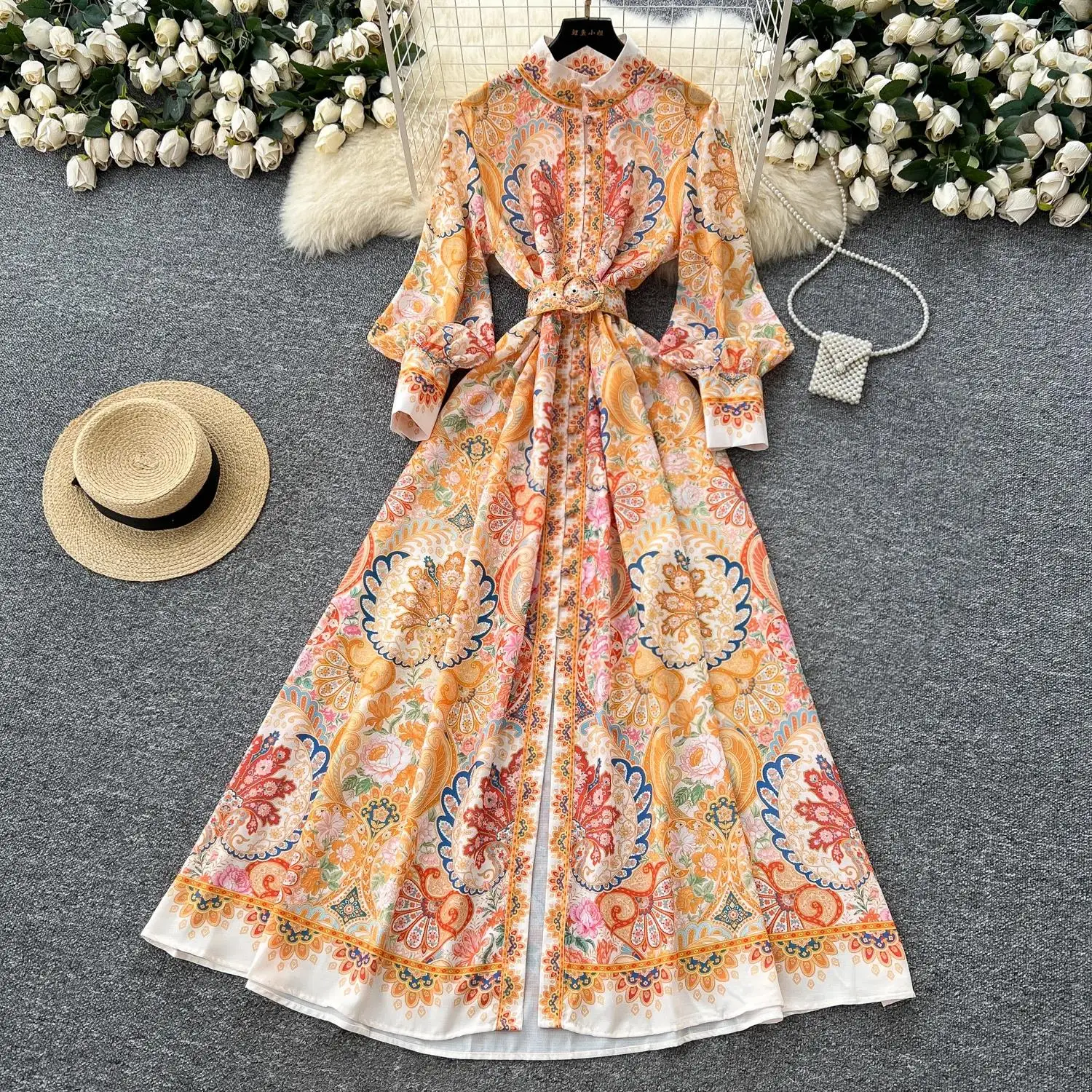 2025 Spring Holiday Muslims Floral Maxi Chiffon Shirt Dress Women's Lantern Long Sleeve Belt Vintage Print Vestidos Long Robe
