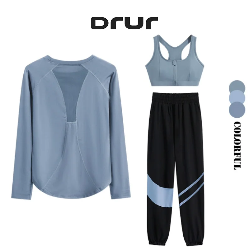 DRUR 2/3pcs Sport Set Women Jogging Suit 3 Pieces Tracksuit Sports Bra Workout Shirt Pants Sets Fitness Outfit Sportswear 2025