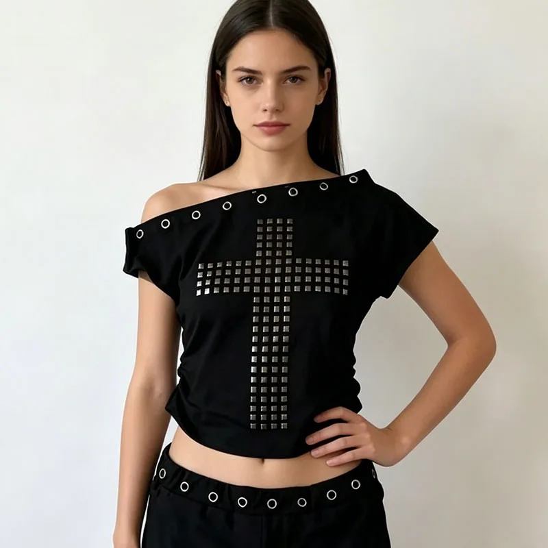 New European American Cross Square Rivet Circle Decoration Summer Slim Fit Sloping Collar Off Shoulder Fashion T-shirt Women's