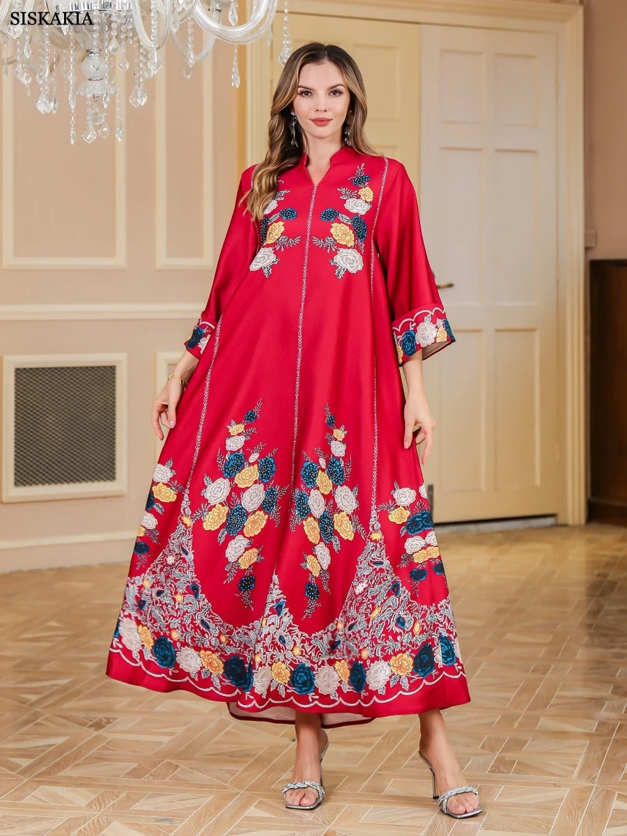 Siskakia Ramadan Dubai Luxury Printing Woman Evening Dress Folds Sleeve Abayas Elegant Loose Kaftan