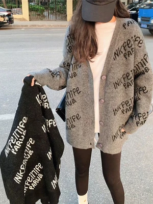 

Весна-Осень 2024, женский свободный вязаный свитер, пальто средней длины, модный открытый кардиган, длинный свеч V Ne, полиэстер