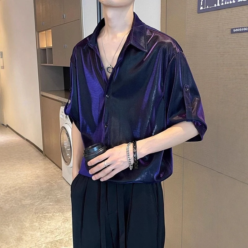 2026 New Summer Men High Gloss Liquid Short Sleeve Shirt, Loose Metallic Texture Trendy Top For Club Party Stage Performance