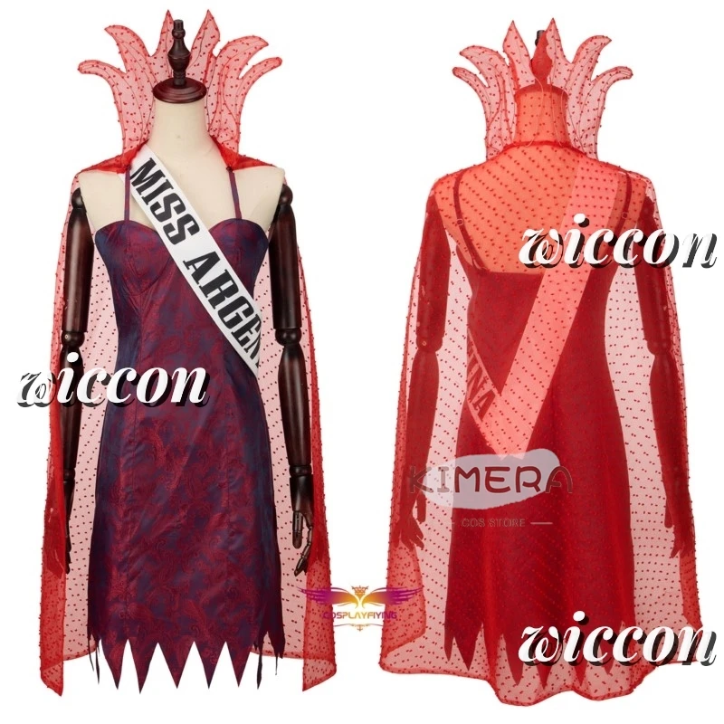 Movie Juice2Beetle Miss Argentina Red Dress Cosplay Costumes Suit Red Curly Wig Halloween Costumes For Women