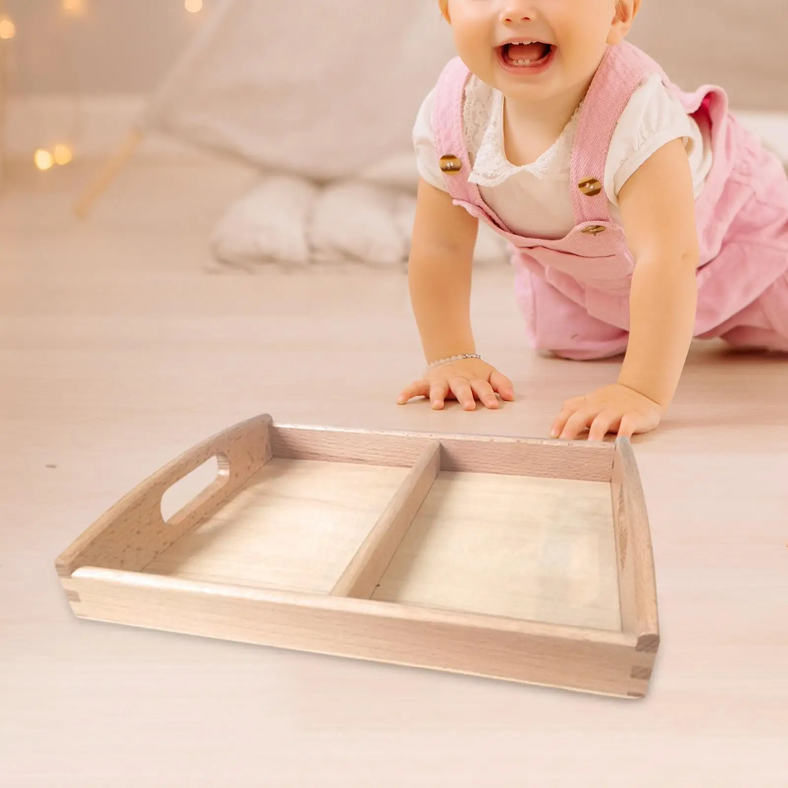 Montessori Wooden Sorting Tray 2 Sections with Handles Toys Holder Sand Box for