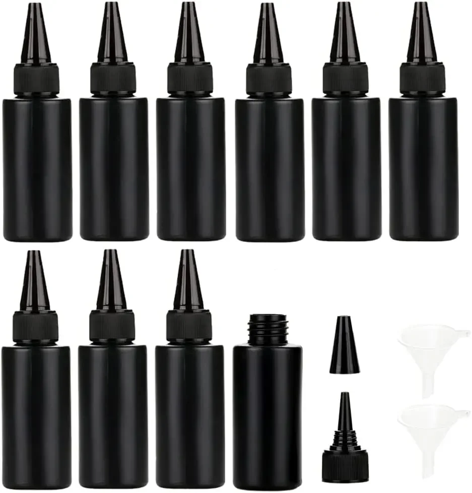 100pcs Empty Plastic Soft Bottle Black HDPE Cylinder With Twist Pointed Top Black Round Top Caps，Lightproof Glue Bottles