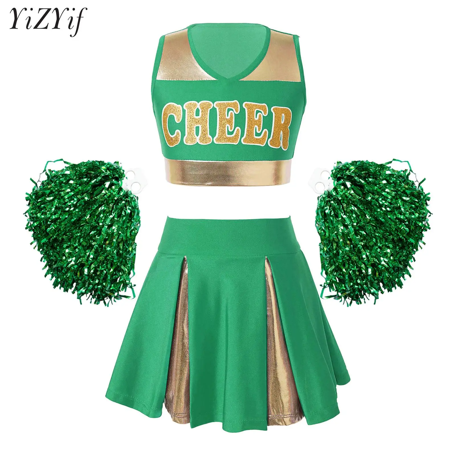 

School Girls Cheerleading Uniform Costume Complete Outfit Cosplay Fancy Dress with Flower Balls for Kids Girls Cheerleader Dance