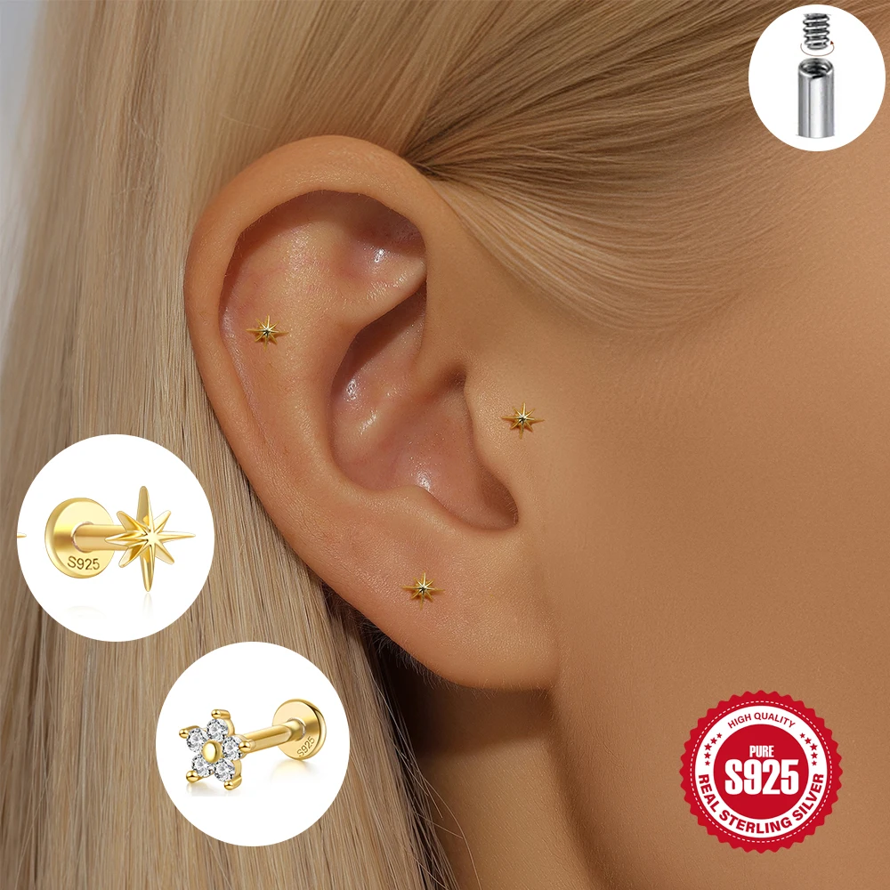 

ROXI 925 Sterling Silver 3Pcs Octagonal Star/Heart Design zircon Piercing Earring Set For women 16G 5/6/8mm Rod Earrings Jewelry