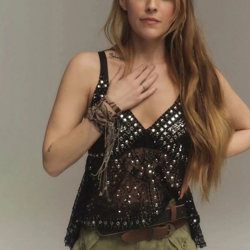 Elegante V-hals Mouwloze Jarretel Tops Vrouwen Sexy See-through Hollow Out Party Blouse Mode Pailletten Onregelmatige Losse Shirts