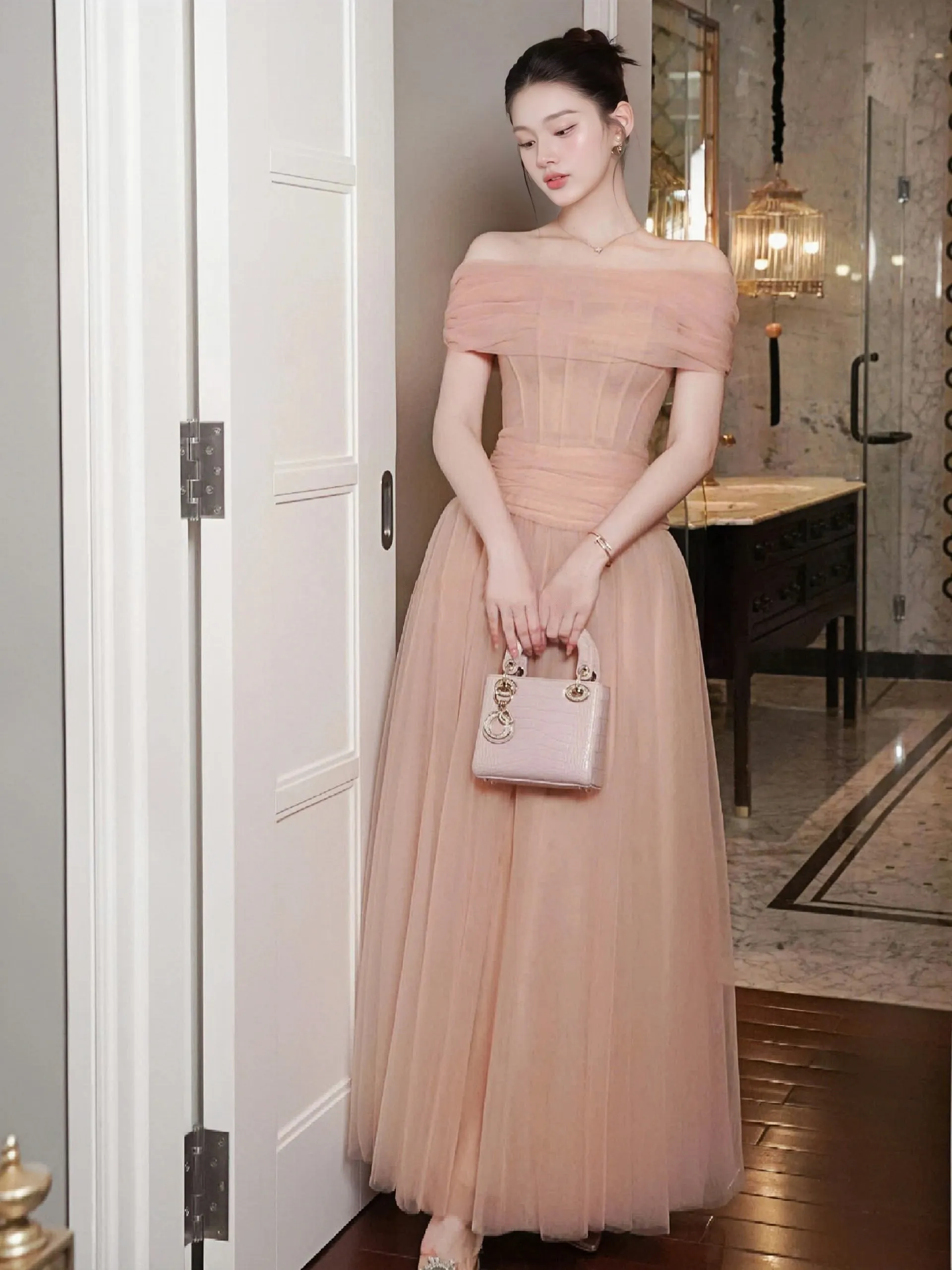

French Style Evening Dress Strapless Tulle Party Dress Ankle Length Party Dress Zipper Back