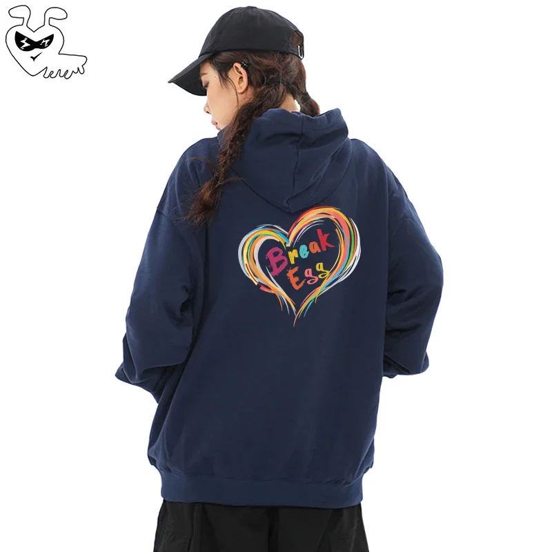 Break Egg Women Zipper Hoodie Cotton Cartoon  Ant Embroidery Colored Hollow Heart Printed Pocket Loose Wool Autumn Casual Hoodie