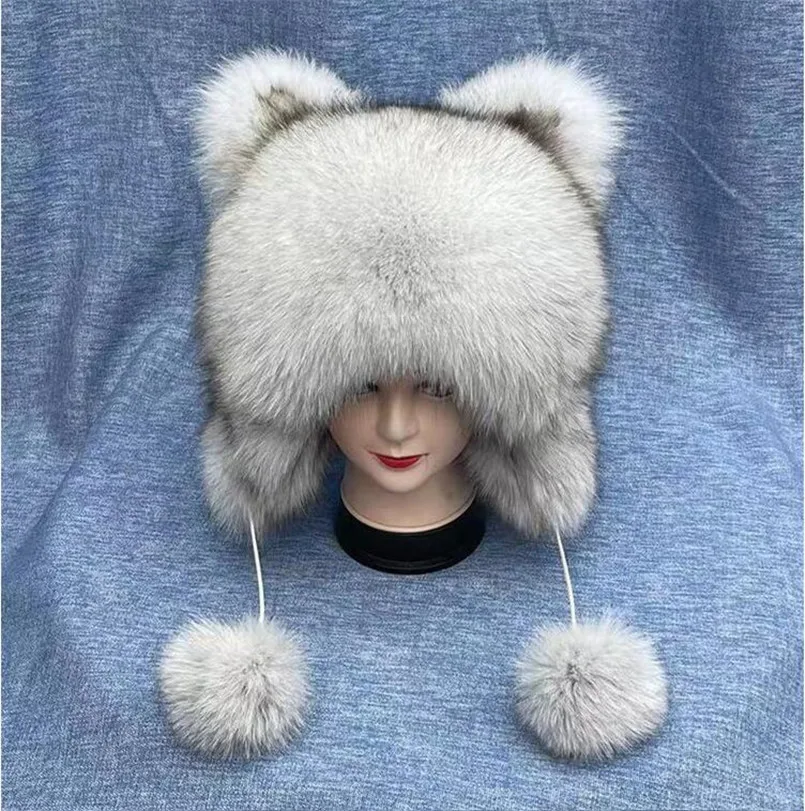 Winter Real Fox Fur Hats Russian Female Natural Raccoon Fur Hat Full Pelt Bomber Hat with Earflap Fall Women Caps with Ear