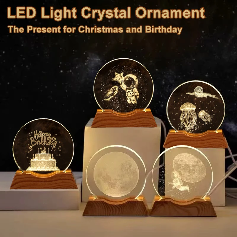 LED Light Base Crystal Ornament Decorations Astronaut Jellyfish USB Plug Warmlight Desk Lamp Present for Christmas and Birthday