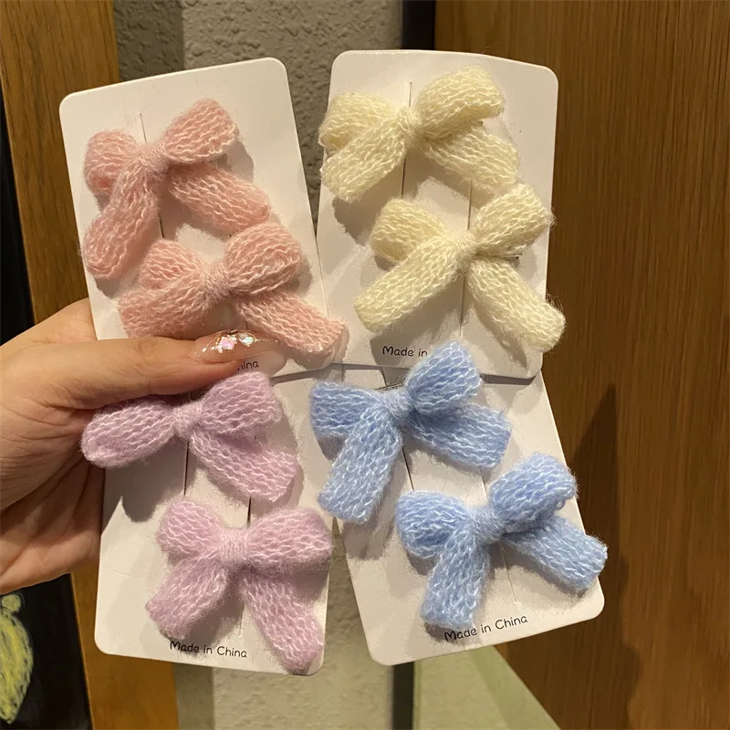 Autumn Winter Cute Knitted Wool Bow Hairpin Sweet Girl Heart Hair Accessories Colored Plush Hairpin Edge Clip Bridesmaid Gift