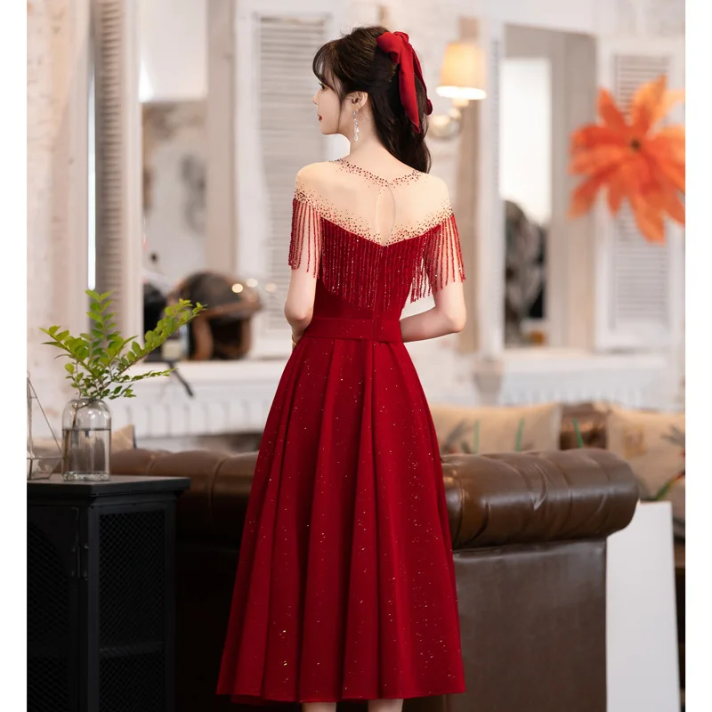 Mesh Sequin Round Neck Evening Dress Elegant Beaded Wine Red Engagement Gown Sexy Backless Slim Fit Wedding Party Dresses