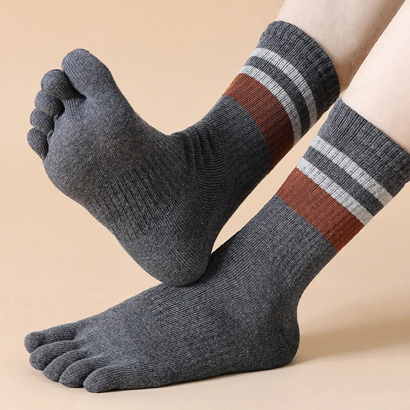 5 Pairs Terry Toe Socks Man Cotton Striped Thick Soft Elastic Sweat-Absorbing Keep Warm Party Dress Long 5 Finger Happy Socks